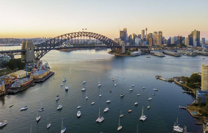Aerial view of Sydney city skyline during sunrise. Aerial view of Sydney city skyline during sunrise.