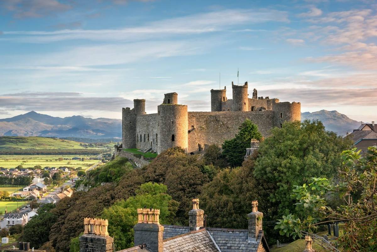 Harlech, Wales, United Kingdom - September 20, 2016: View of Harlech Castle in North Wales at sunrise