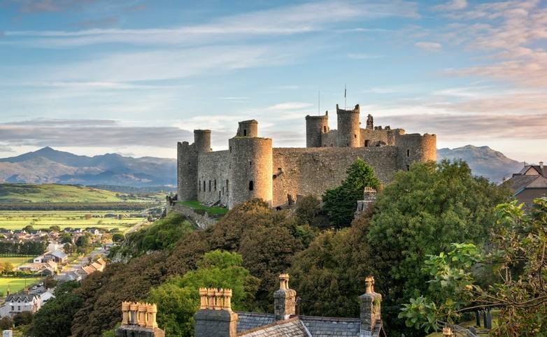 Harlech, Wales, United Kingdom - September 20, 2016: View of Harlech Castle in North Wales at sunrise