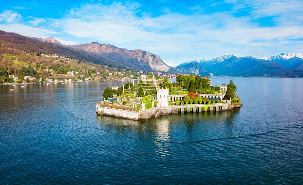 Isola Bella and Stresa town aerial panoramic view. Isola Bella is one of the Borromean Islands of Lago Maggiore in north Ita…