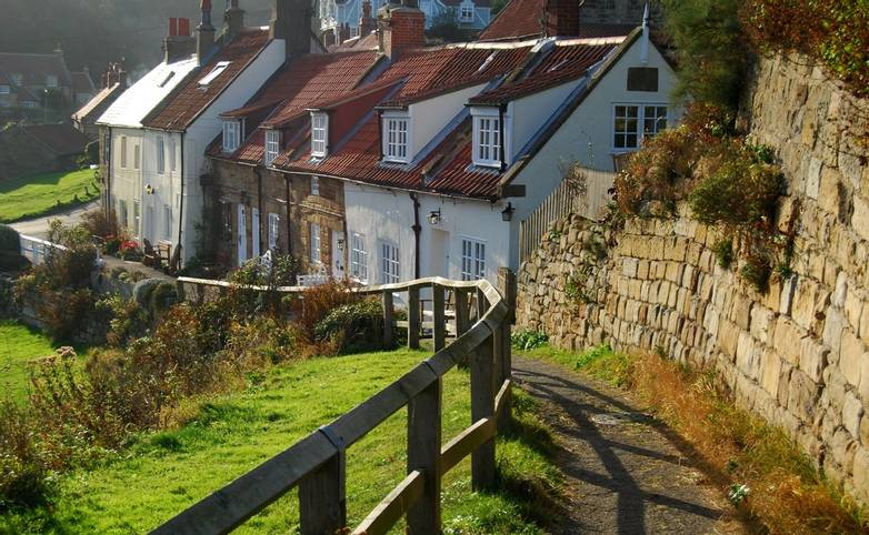 Picturesque cottages in Sandsend near Whitby, North Yorkshire, UK.