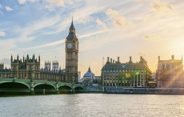 Panoramic view of Big Ben clock tower in London at sunset, UK. Panoramic view of Big Ben clock tower in London at sunset, UK.