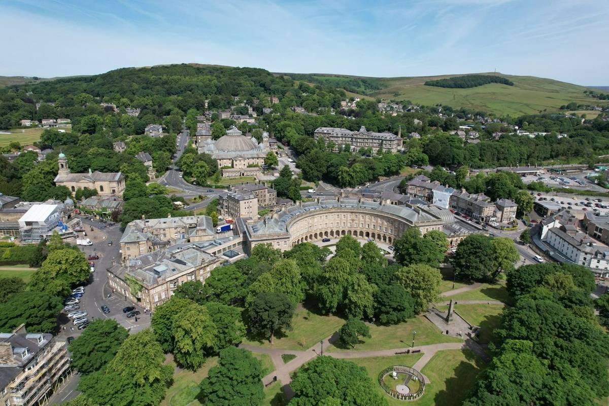 Buxton town Derbyshire peak district UK drone aerial view
