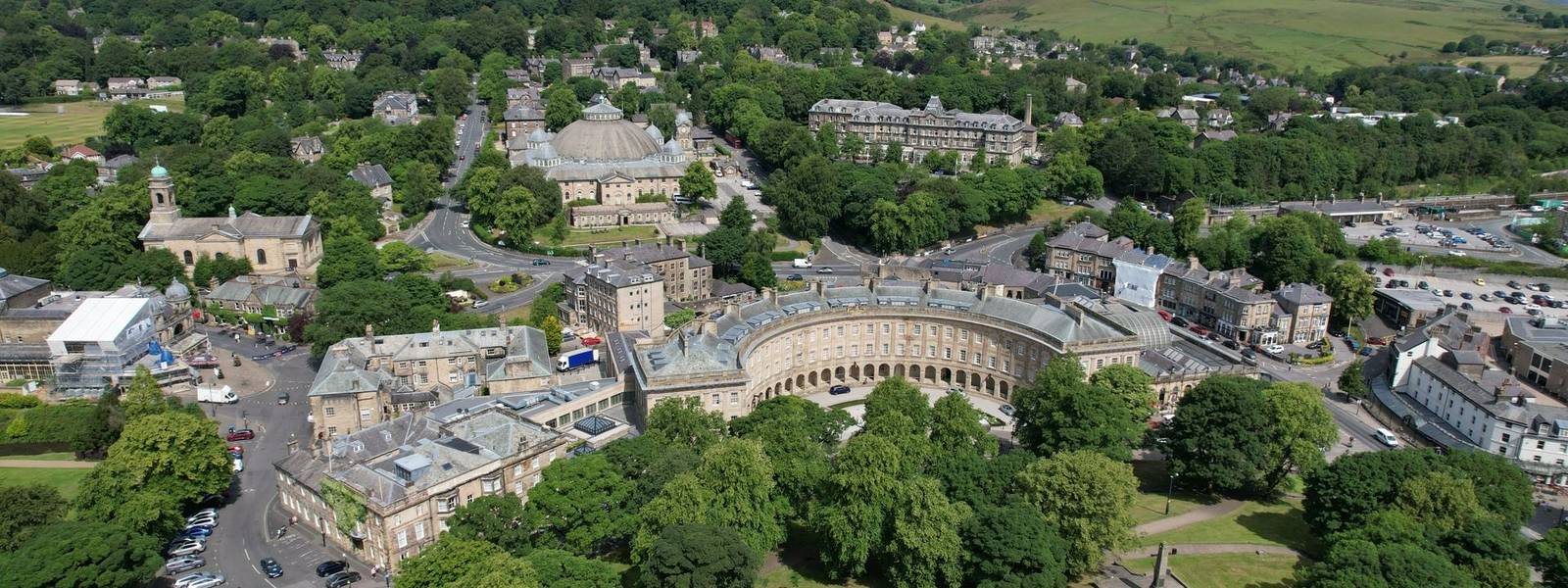 Buxton town Derbyshire peak district UK drone aerial view