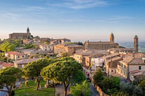 Montalcino old town at the beautiful sunset light. Travel Toscana landscapes, Italy