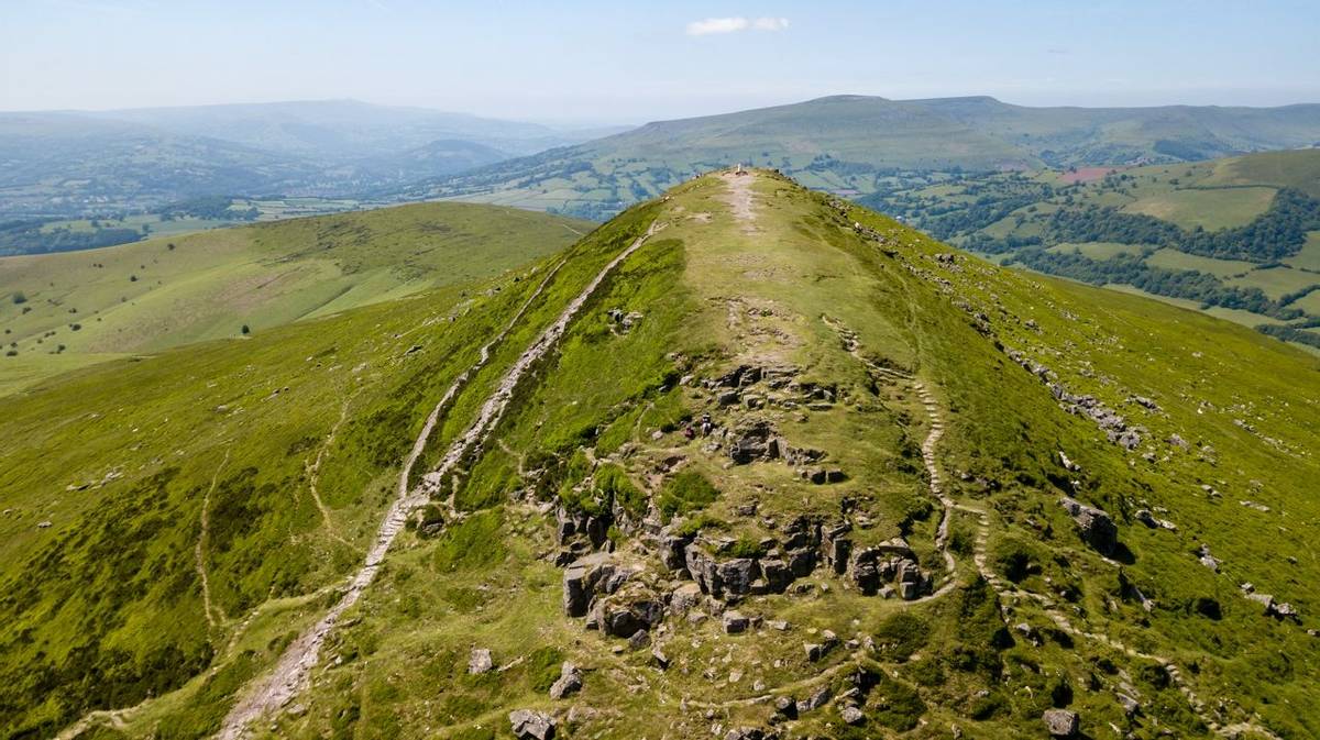 Aerial view of the summit of the Sugar Loaf mountain in South Wales, UK