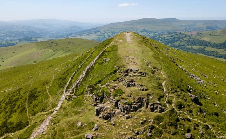 Aerial view of the summit of the Sugar Loaf mountain in South Wales, UK