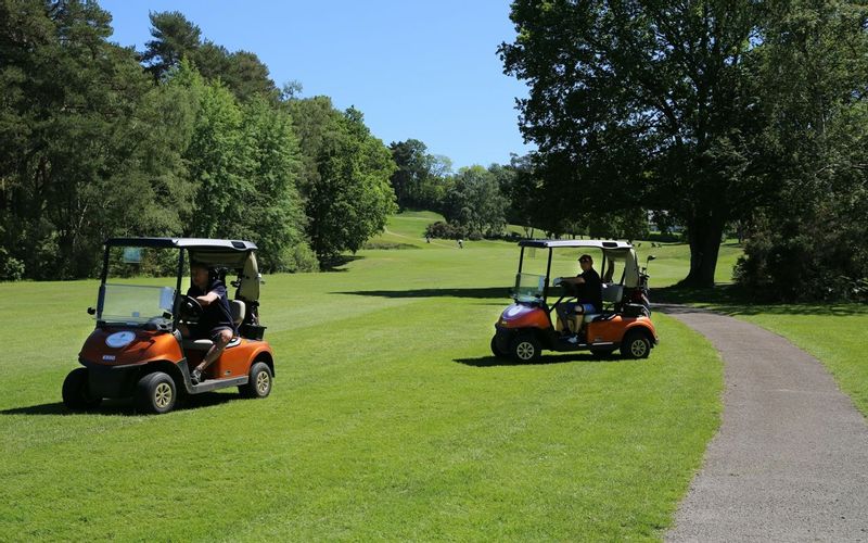 Hired golf buggies going around golf course