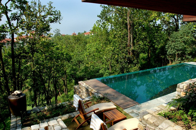 Pool view at Ananda in the Himalayas Winter Wellness retreat