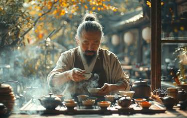 Tea master performing a traditional tea ceremony with precision and care in a tranquil setting.