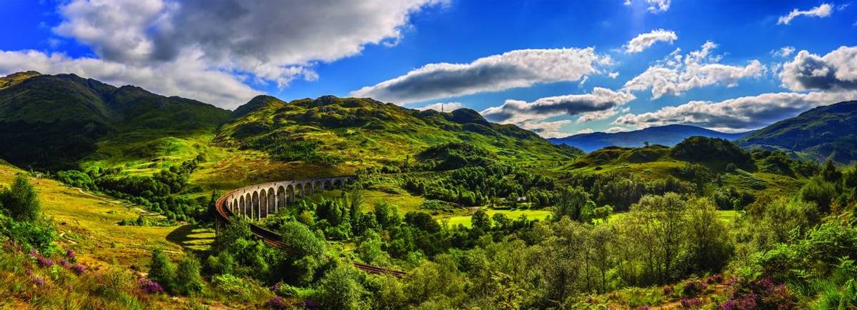 Panorama of Glenfinnan Railway Viaduct in Scotland and surrounding mountains