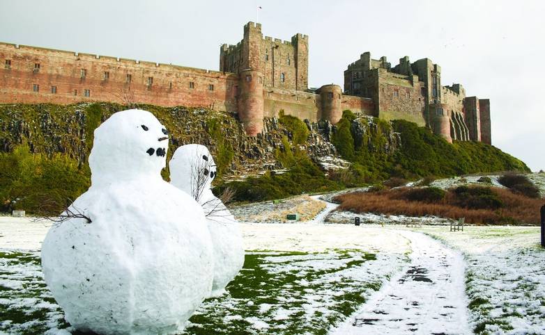 Snowmen at Bamburgh Castle
