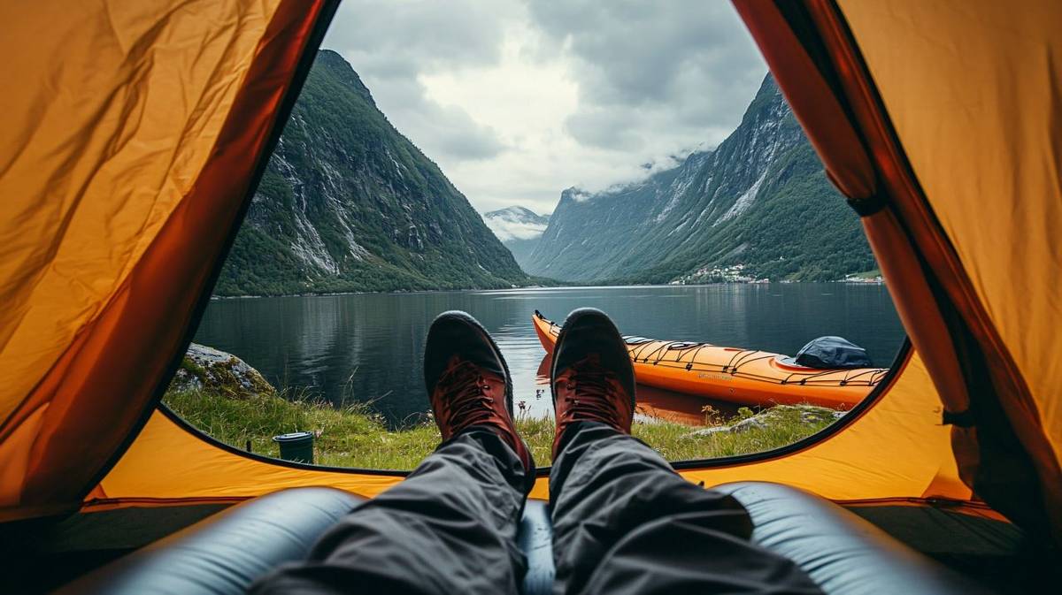 Camper enjoying the view of a beautiful norwegian fjord from inside a tent with a kayak in the background