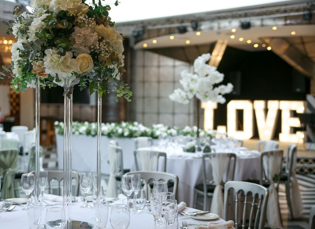 Gatsby Ballroom set up with decorated tables at Old Thorns