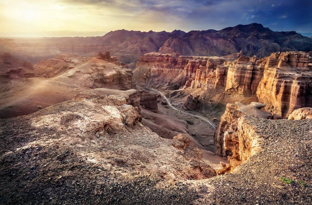 Charyn grand canyon at overcast sunset sky in Kazakhstan