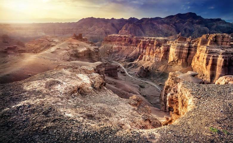 Charyn grand canyon at overcast sunset sky in Kazakhstan