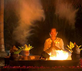 A never-ending fire is maintained at the Agni Hotri pavillion, where Balinese priests offer prayers to purify the Earth.