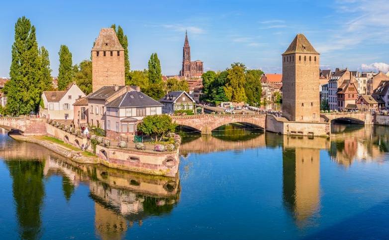 Panoramic view of the Ponts Couverts (covered bridges), a medieval set of bridges and defensive towers on the river Ill at t…