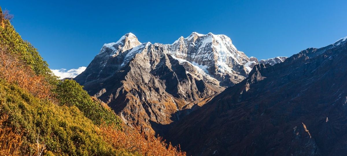 Mera peak, highest trekking peak in Everest region, Himalaya mountains, Nepal, Asia. Panoramic banner portion