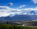 Majestic Chugach Mountain Range and graceful bends of the Matanuska River as seen from Glenn Highway in Alaska.