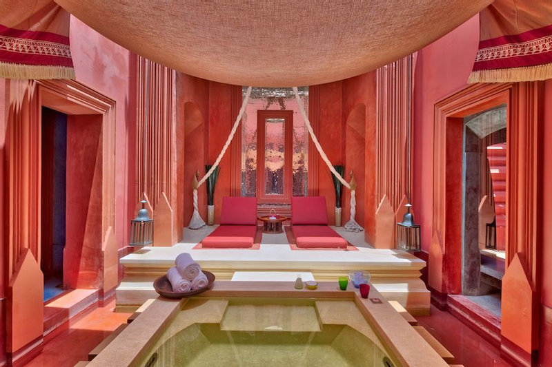 A red themed spa room
