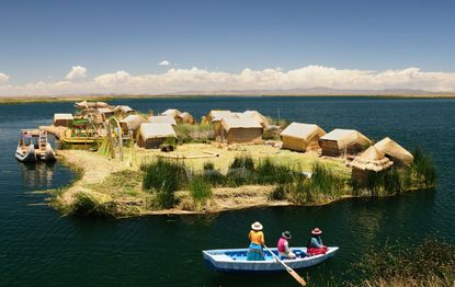 Peru, floating Uros islands on the Titicaca lake, the largest highaltitude lake in the world (3808m). Theyre built using the…