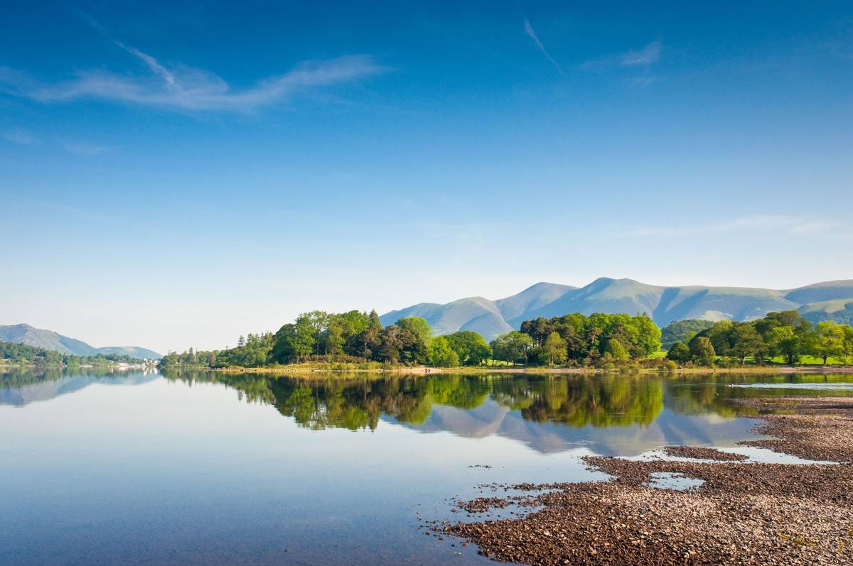 Derwent Water with Latrigg mountain backdrop in the English Lake District, UK.