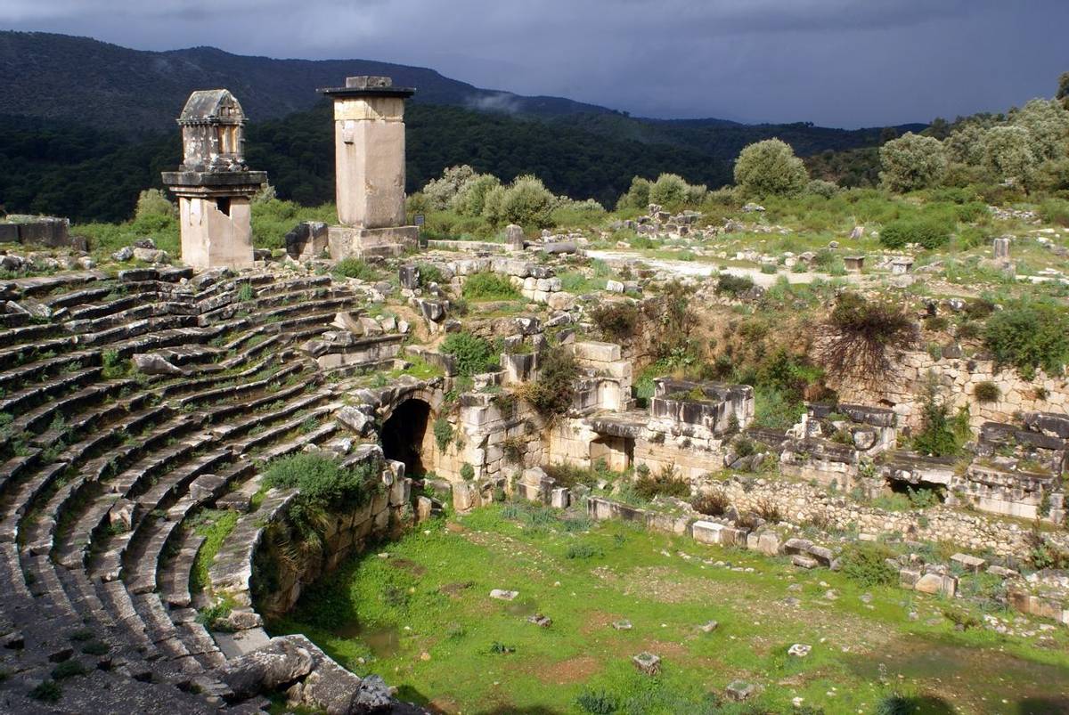 Dark clouds and theater in Xanthos, West Turkey