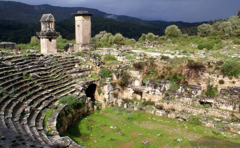 Dark clouds and theater in Xanthos, West Turkey