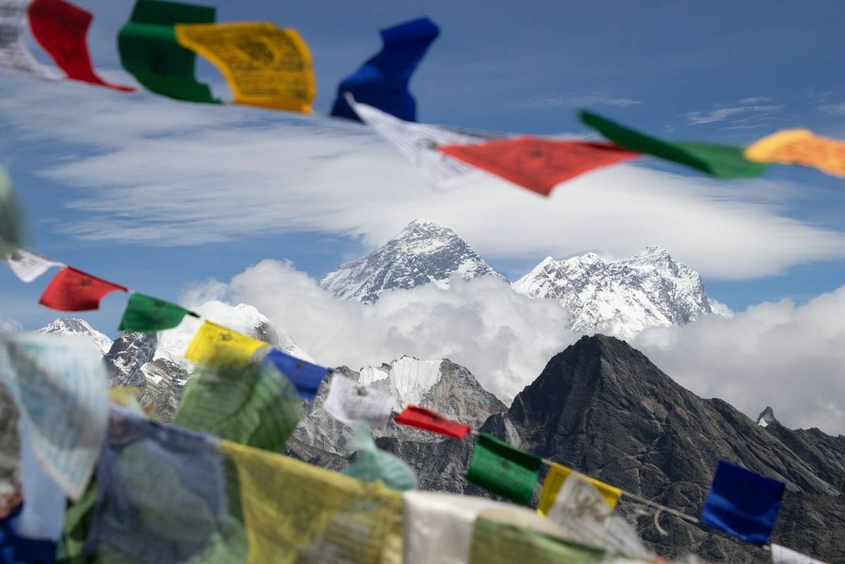 Scenic view of Mount Everest 8,848 m and Lhotse 8,516 m at gokyo ri mountain peak near gokyo lake during everest base camp t…