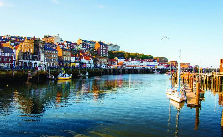 Scenic view of Whitby city in autumn sunny day