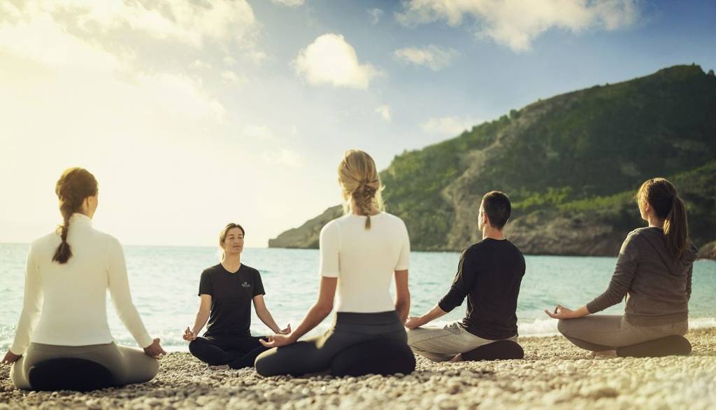 Group of People Meditation Making Sitting Yoga Pose in Luxury