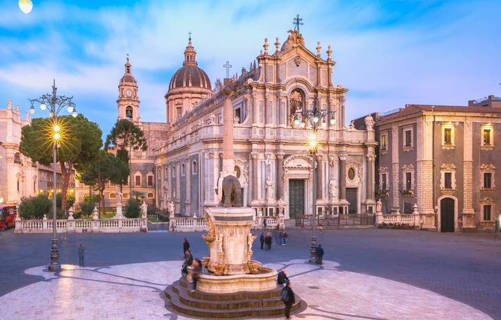 Piazza Duomo in Catania with the Cathedral of Santa Agatha and Liotru, symbol of Catania in the evening, Sicily, Piazza Duomo in Catania with the Cathedral of Santa Agatha and Liotru, symbol of Catania in the evening, Sicily,