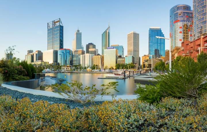 Cityscape of Perth WA from Elizabeth Quay Just after sunset with garden in the foreground. Cityscape of Perth WA from Elizabeth Quay Just after sunset with garden in the foreground.