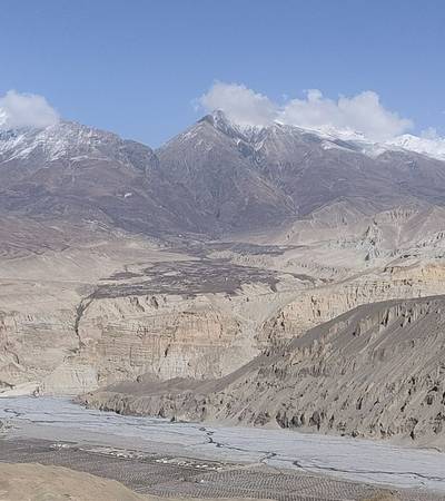 View on trail to Tangge across to west bank of Kali Gandaki to to Tsarang village