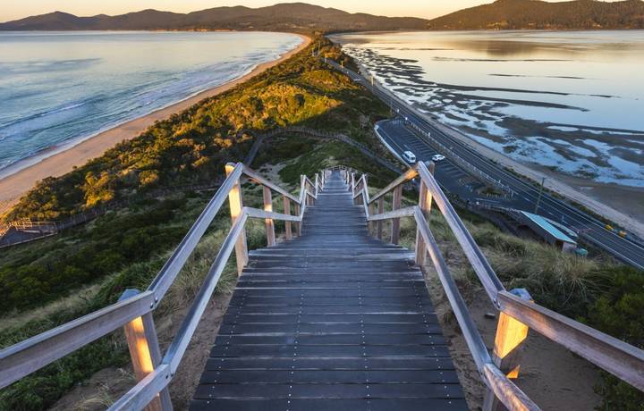 View from the neck lookout bruny island with twilight sunrise morning sky in winter, North Bruny, Tasmania, Australia View from the neck lookout bruny island with twilight sunrise morning sky in winter, North Bruny, Tasmania, Australia