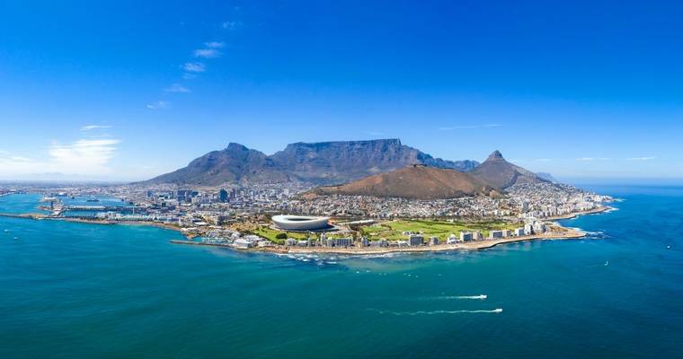 Fantastic aerial shot of the Cape Town Coast line, including, Table Mountain, the stadium, Lions head and the waterfront