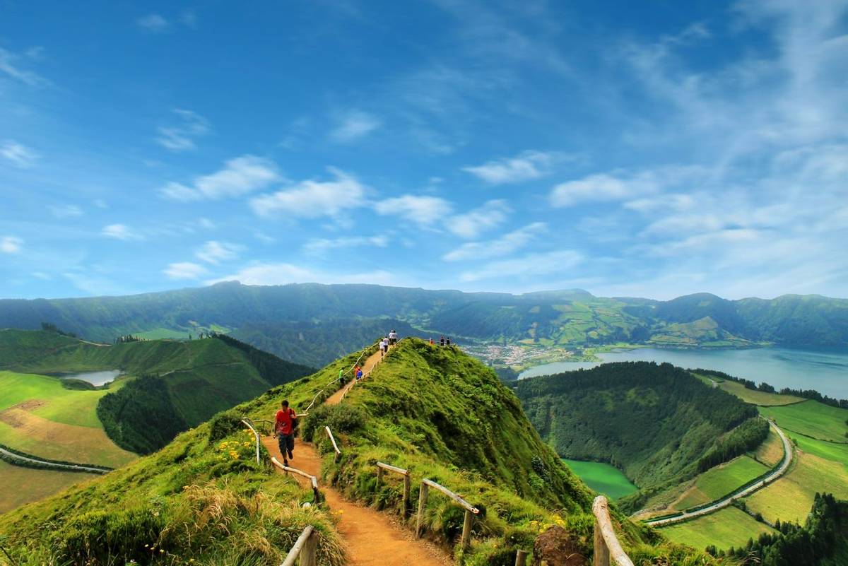 Walking path leading to a view on the lakes of Sete Cidades, Azores, Portugal