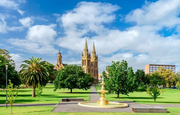 St. Peter's Cathedral in Adelaide city viewed across Pennington Gardens, South Australia