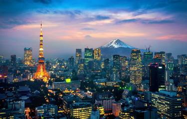 Aerial view of Tokyo cityscape with Fuji mountain in Japan.