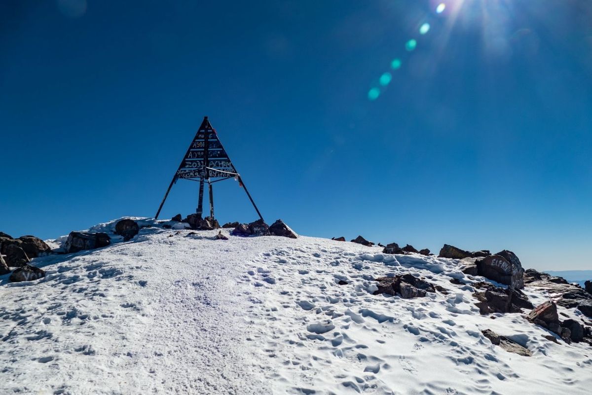 Jebel Toubkal winter ascent highest summit in northern africa in high atlas mountains in morocco