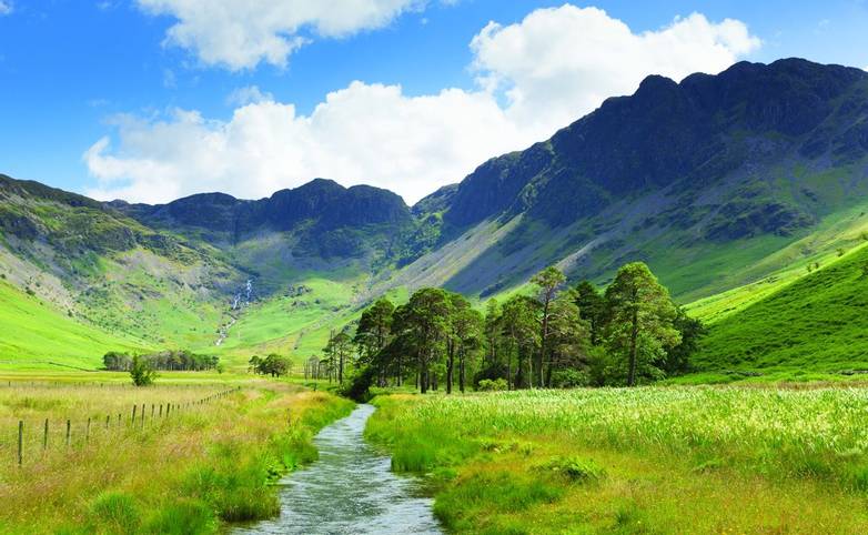 Lake District river and Haystacks mountain Buttermere UK