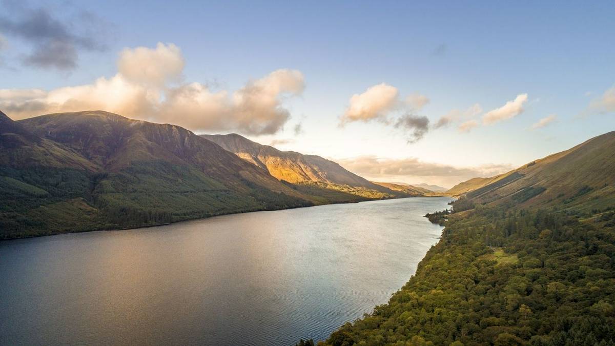 An aerial shot of Loch Ness lake in Scotland captured by a drone