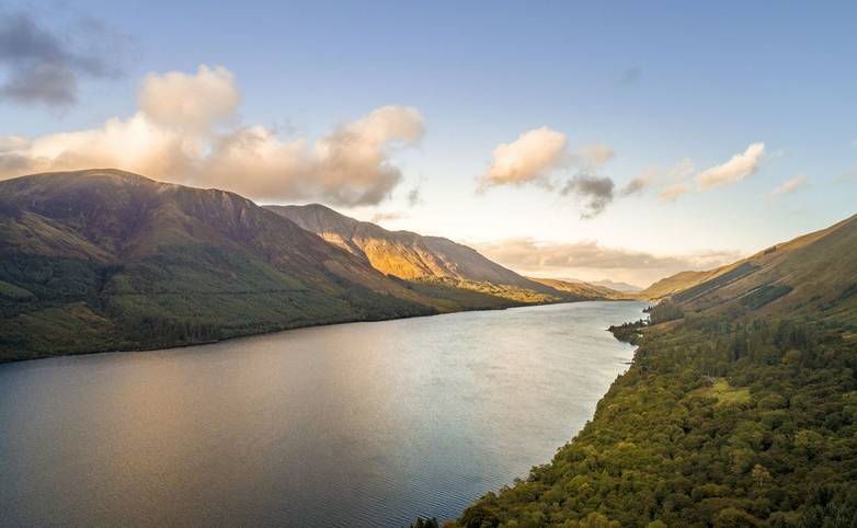 An aerial shot of Loch Ness lake in Scotland captured by a drone