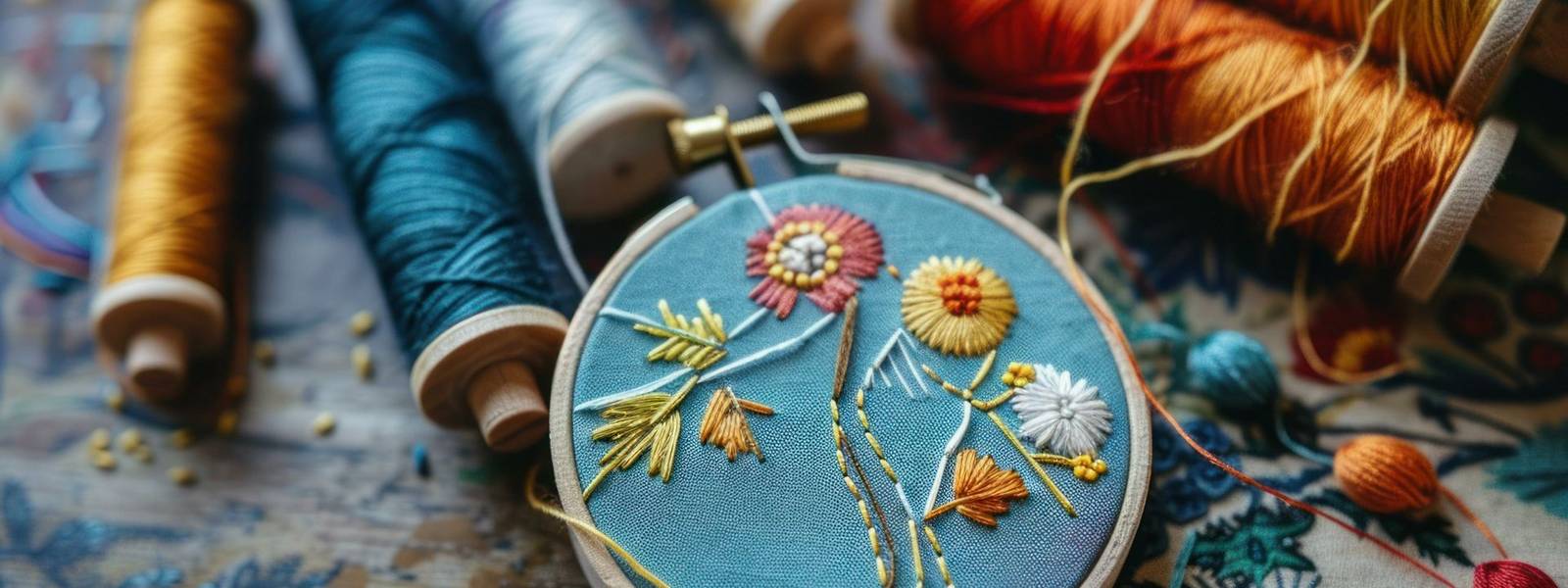 Closeup of vibrant embroidery flowers on a hoop with various threads and needles on a patterned textile