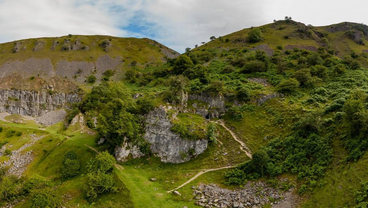 Aerial view of multiple entrances to the Eglwys Faen underground cave system in Llangattock, Wales
