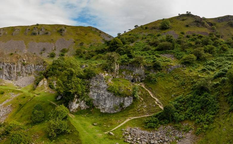 Aerial view of multiple entrances to the Eglwys Faen underground cave system in Llangattock, Wales