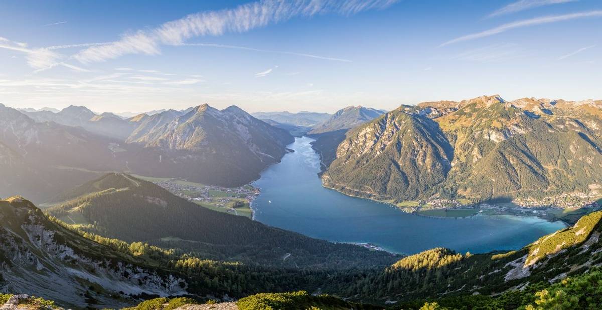 Aerial view over lake Achensee in summer, Austria Tyrol