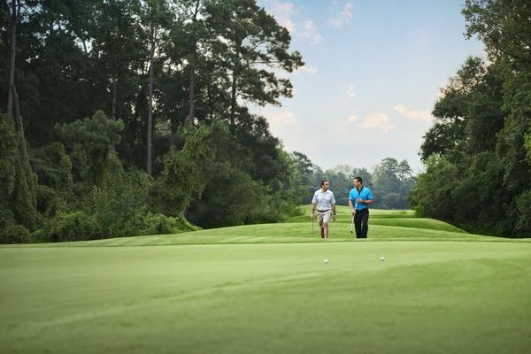 Friends playing golf.