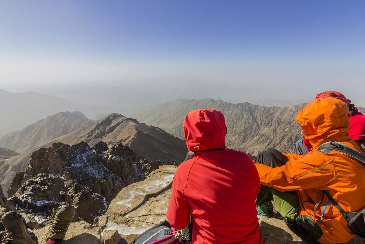 Toubkal national park, the peak whit 4,167m is the highest in the Atlas mountains and North Africa, trekkers relaxing and ap…